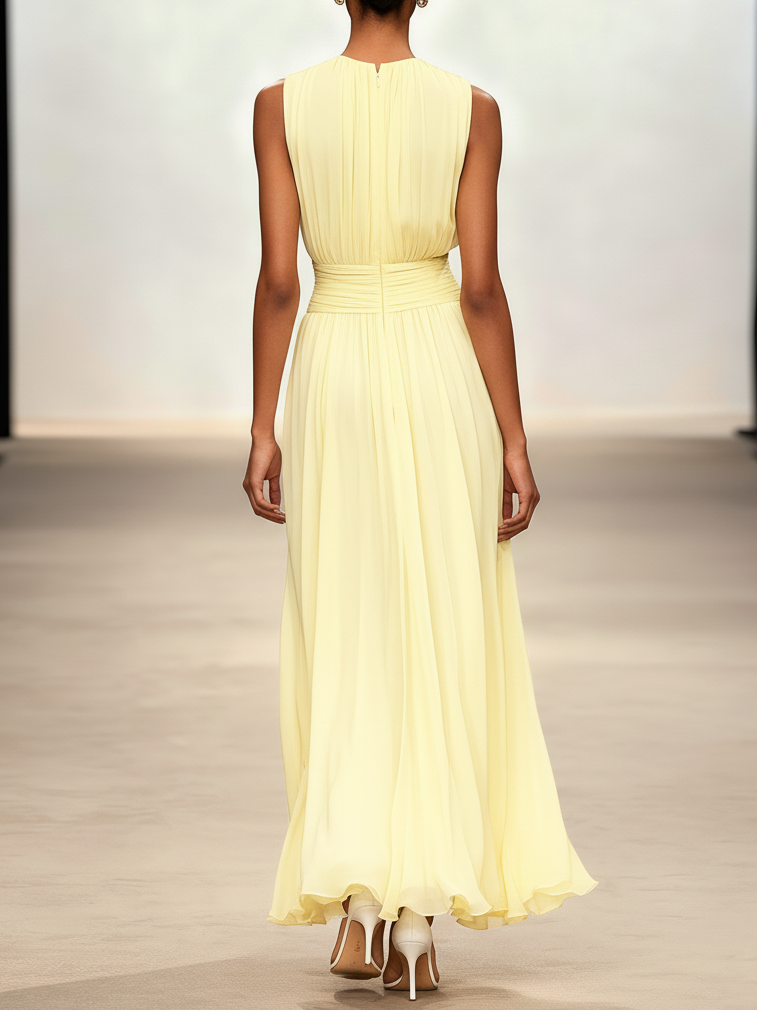 Yellow Chiffon Round Neck Sleeveless A-line Pleated Maxi Dress