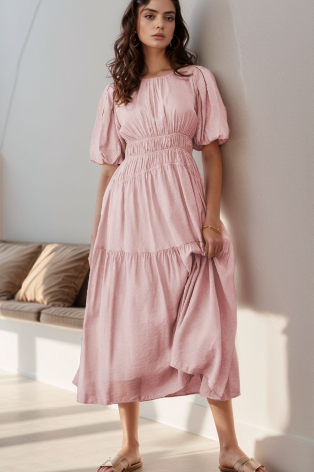 Puff Sleeve Pleated High Waist Flowy Midi Dress