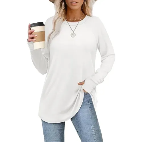 Womens Tunic Tops to Wear with Leggings Long Sleeve Thumb Hole Shirts Crew Neck Curved Hem