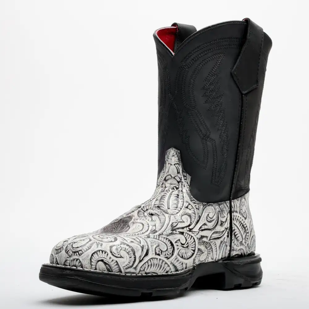 Snow White Hand-Tooled Leather Boots With 3D Lightweight Sole - Composite Toe