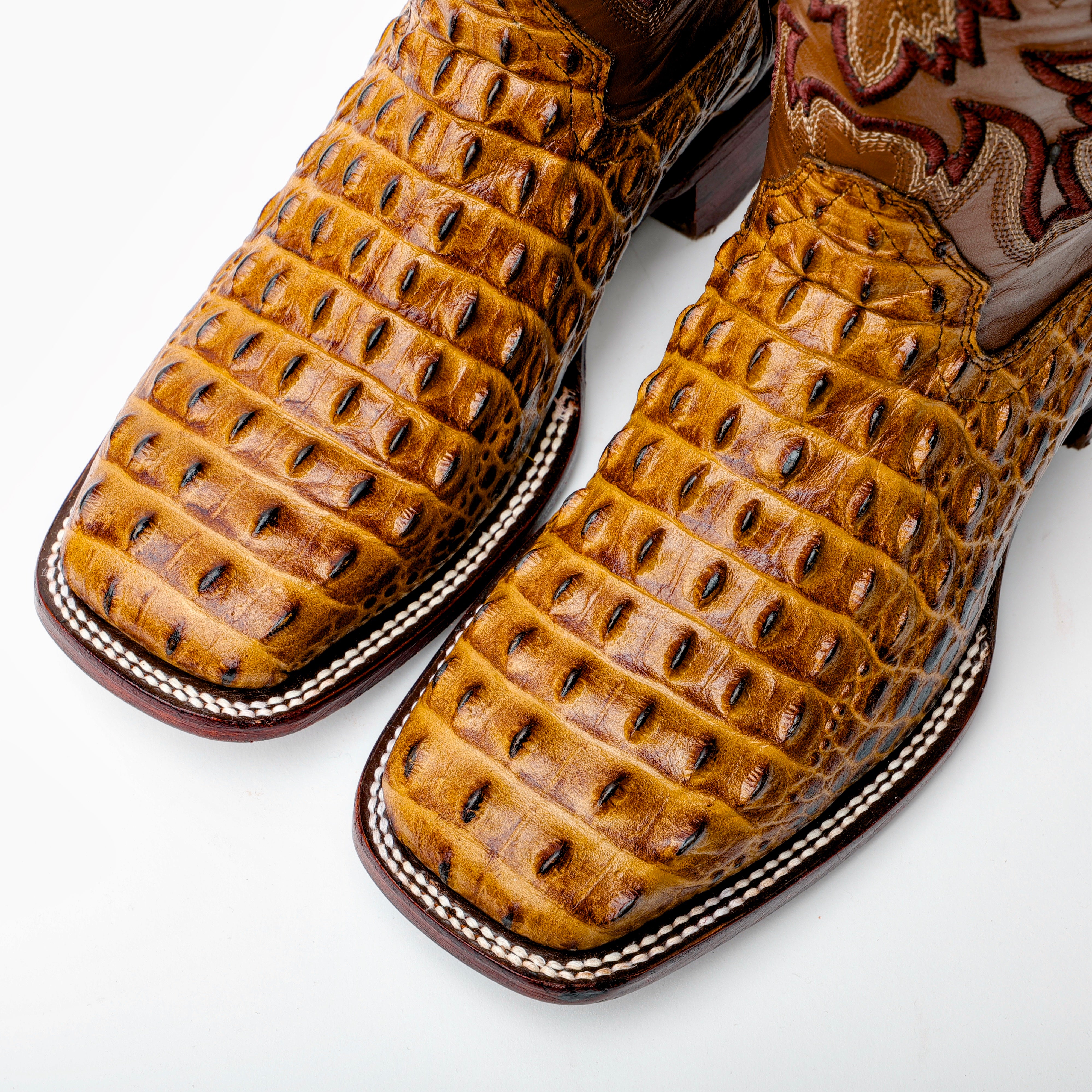 Honey Caiman Hornback Leather Boots - Square Toe
