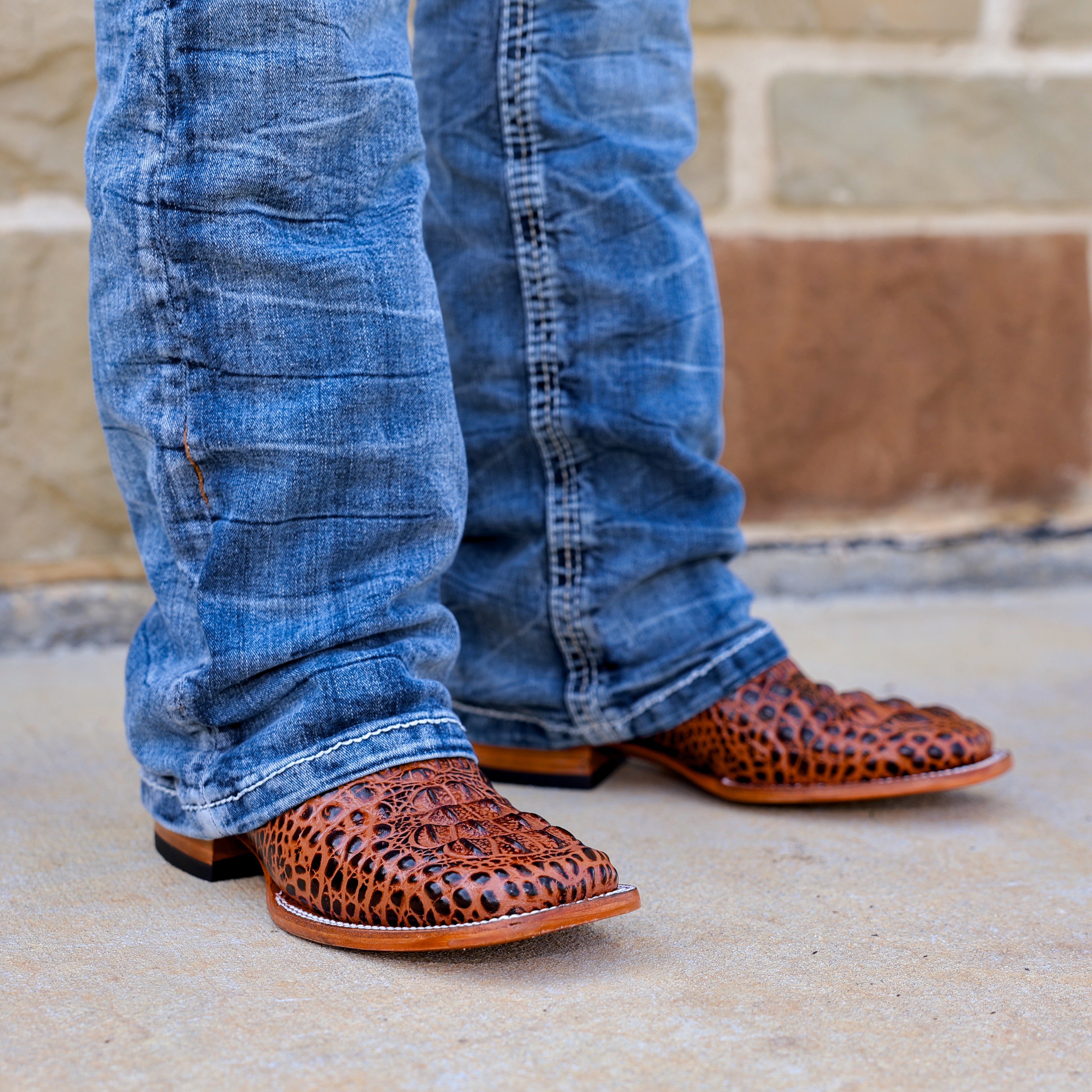 Cognac Caiman Neck Leather Boots - Square Toe