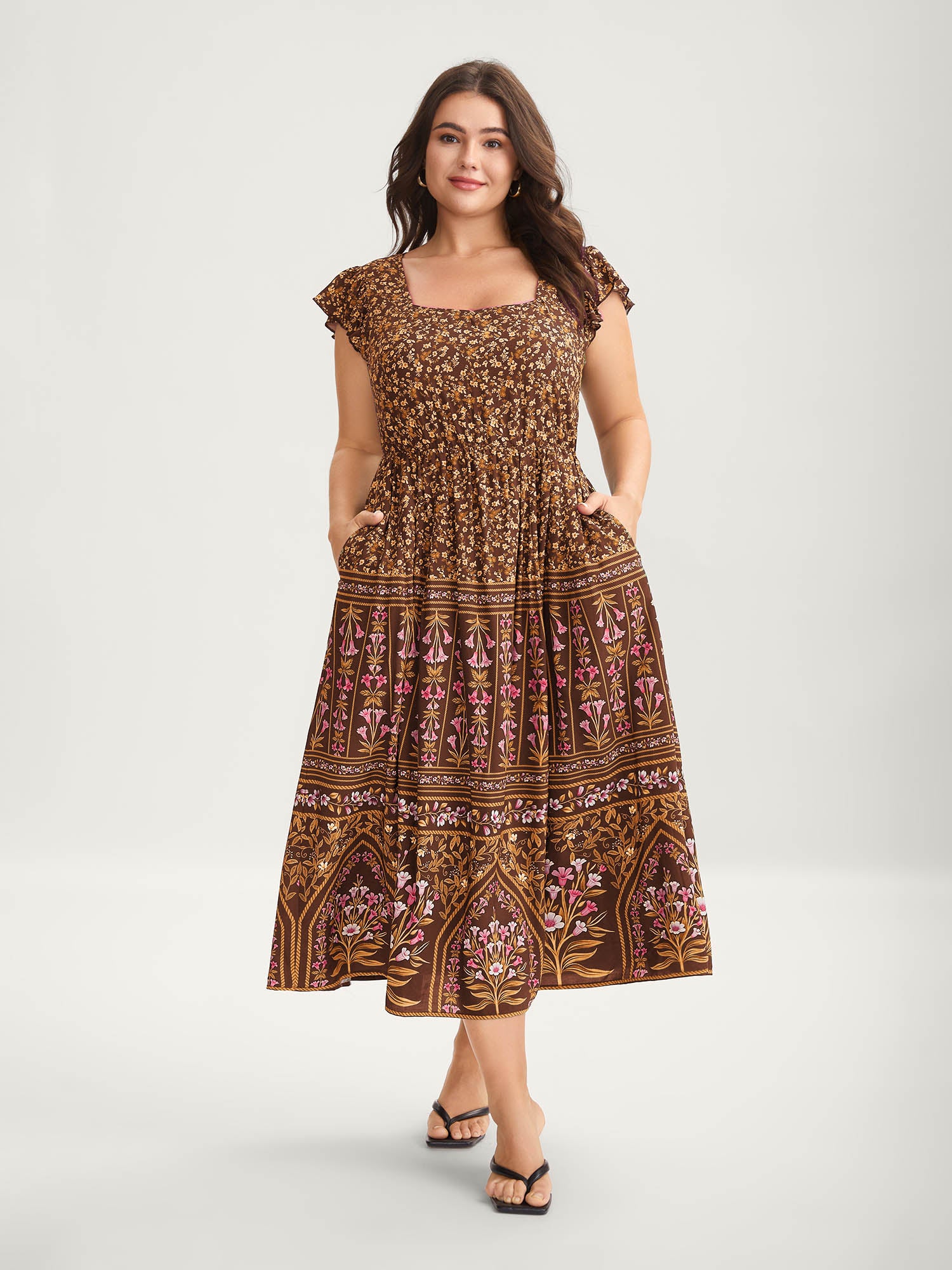 Rayon Garden Fresh Ruffled Sleeve Midi Dress