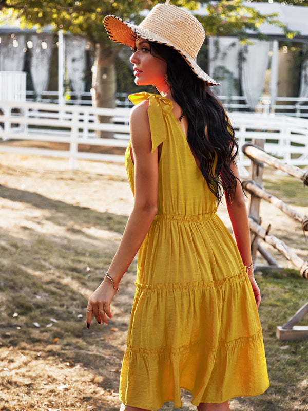 V-Neck Solid Color A-Line Skirt Vacation Dress