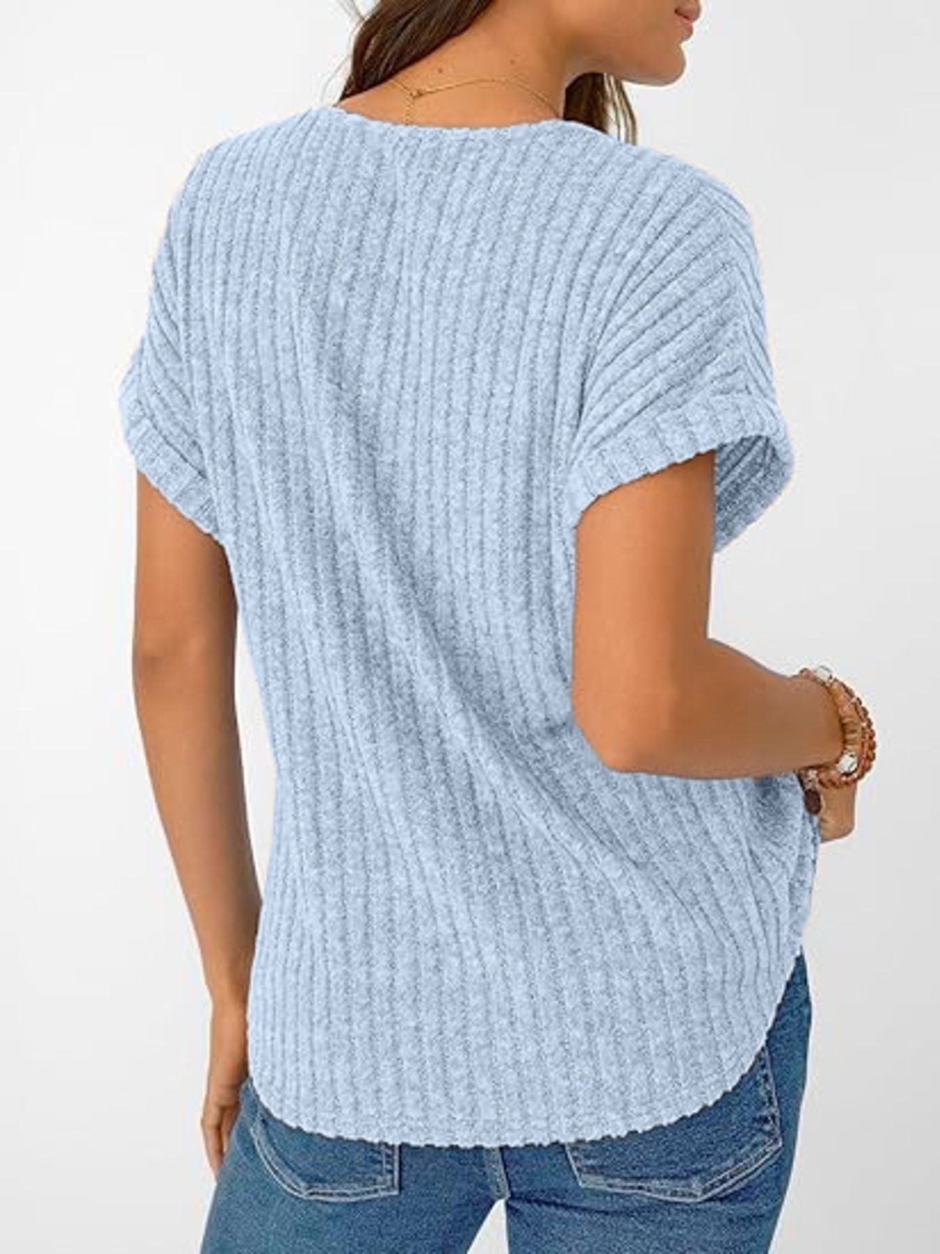 Ribbed Knit V-Neck Relaxed Fit T-Shirt