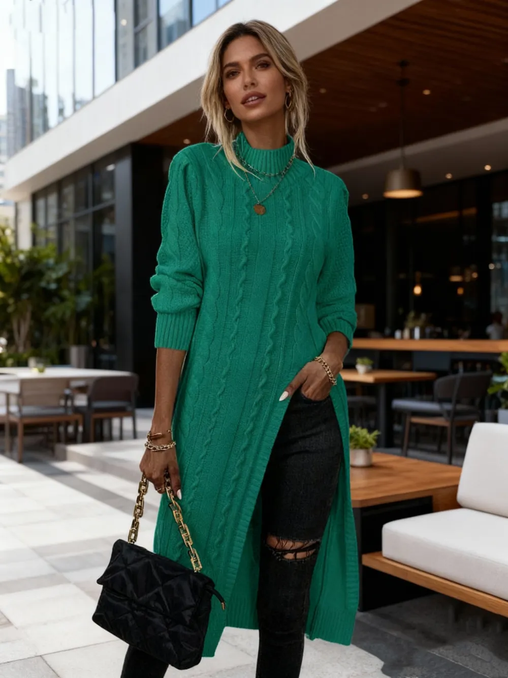 Sweater Mock Neck Split Hem Cable Knit Longline for Fall