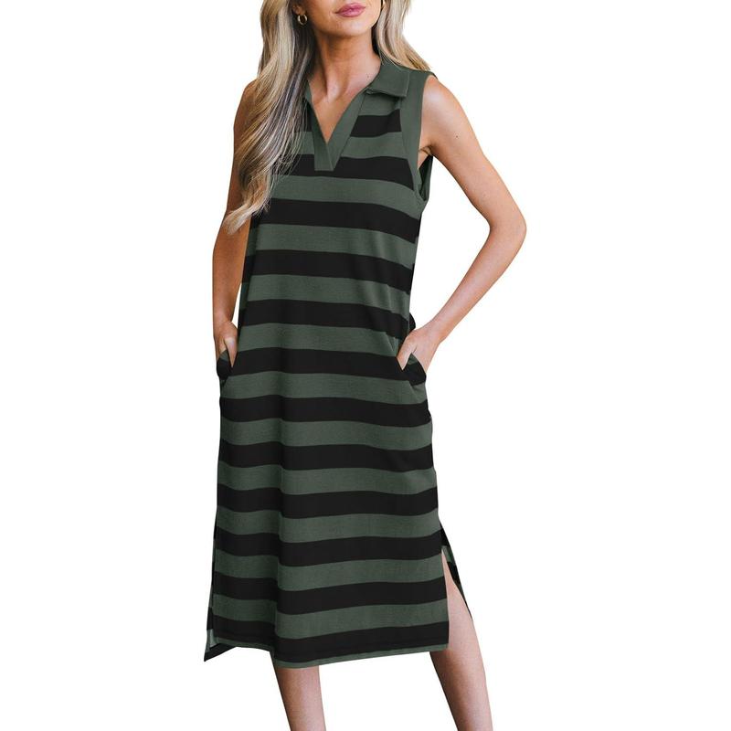 Women’s Striped Polo V-Neck Summer Dress – Sleeveless Loose Fit Midi T-Shirt Dress with Slit, Available in Long & Short Styles (Sizes S–5XL)