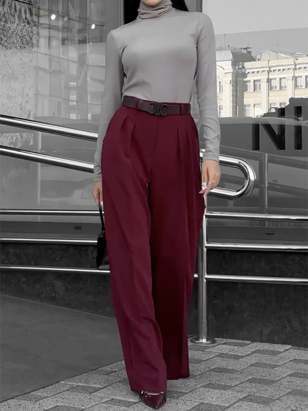 High Waisted Loose Pleated Solid Color Split-Joint Suit Pants Trousers