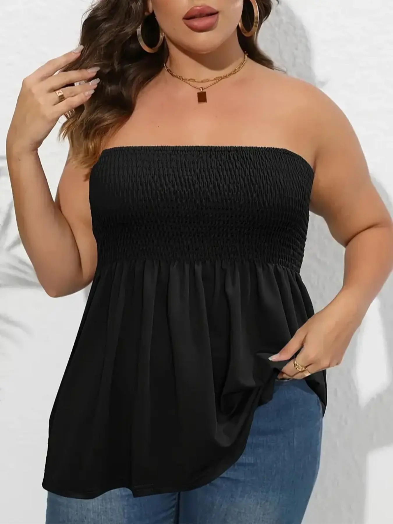👚 Plus Size Shirred Strapless Tube Top – Ruffle Hem Boho Style