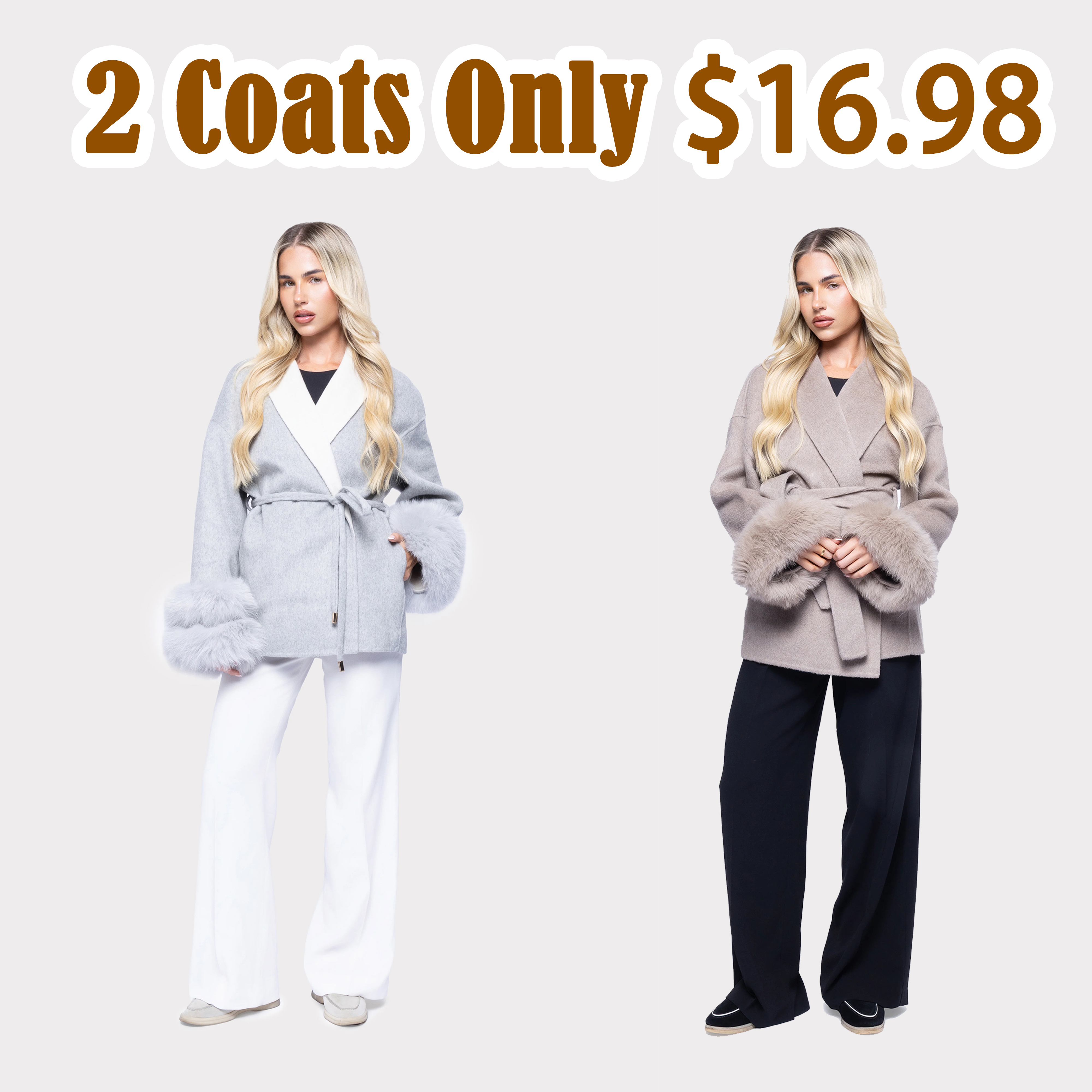 100% Wool - Short Coat - Luxury Detachable fox fur cuffs