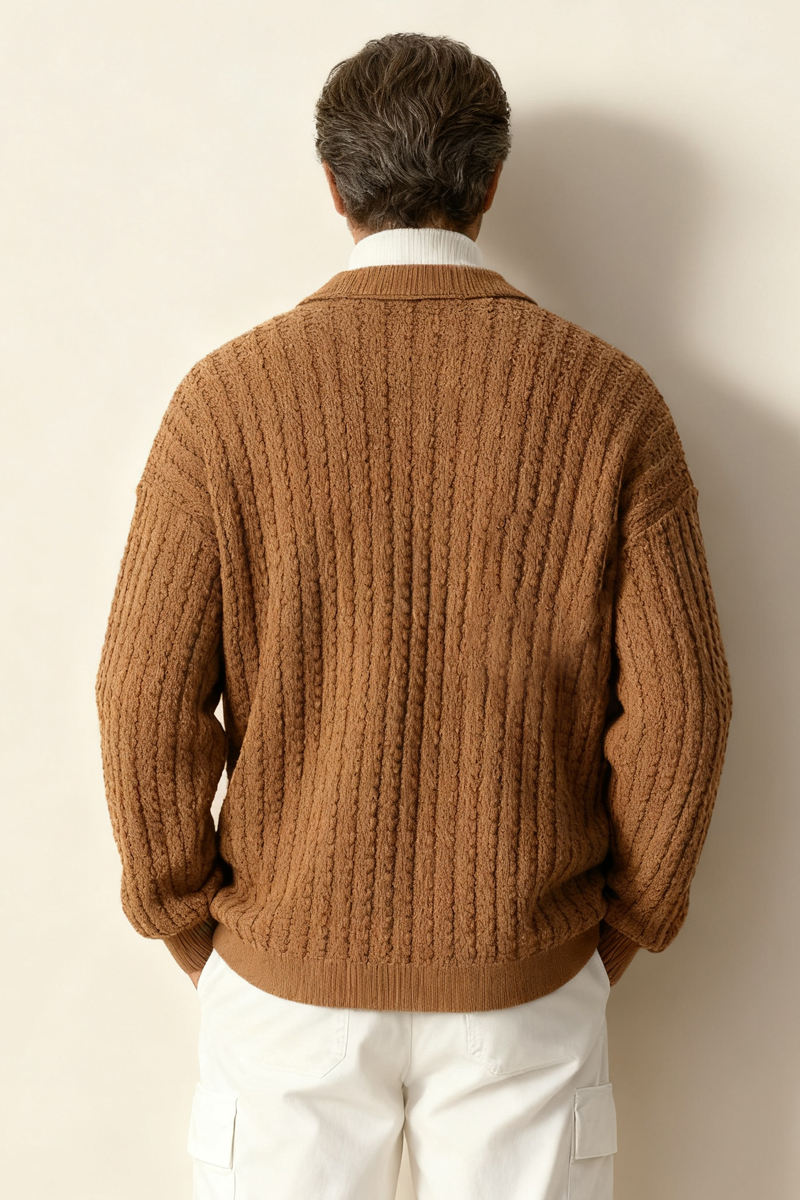Men's Brown Textured Knit Single-Breasted Cardigan