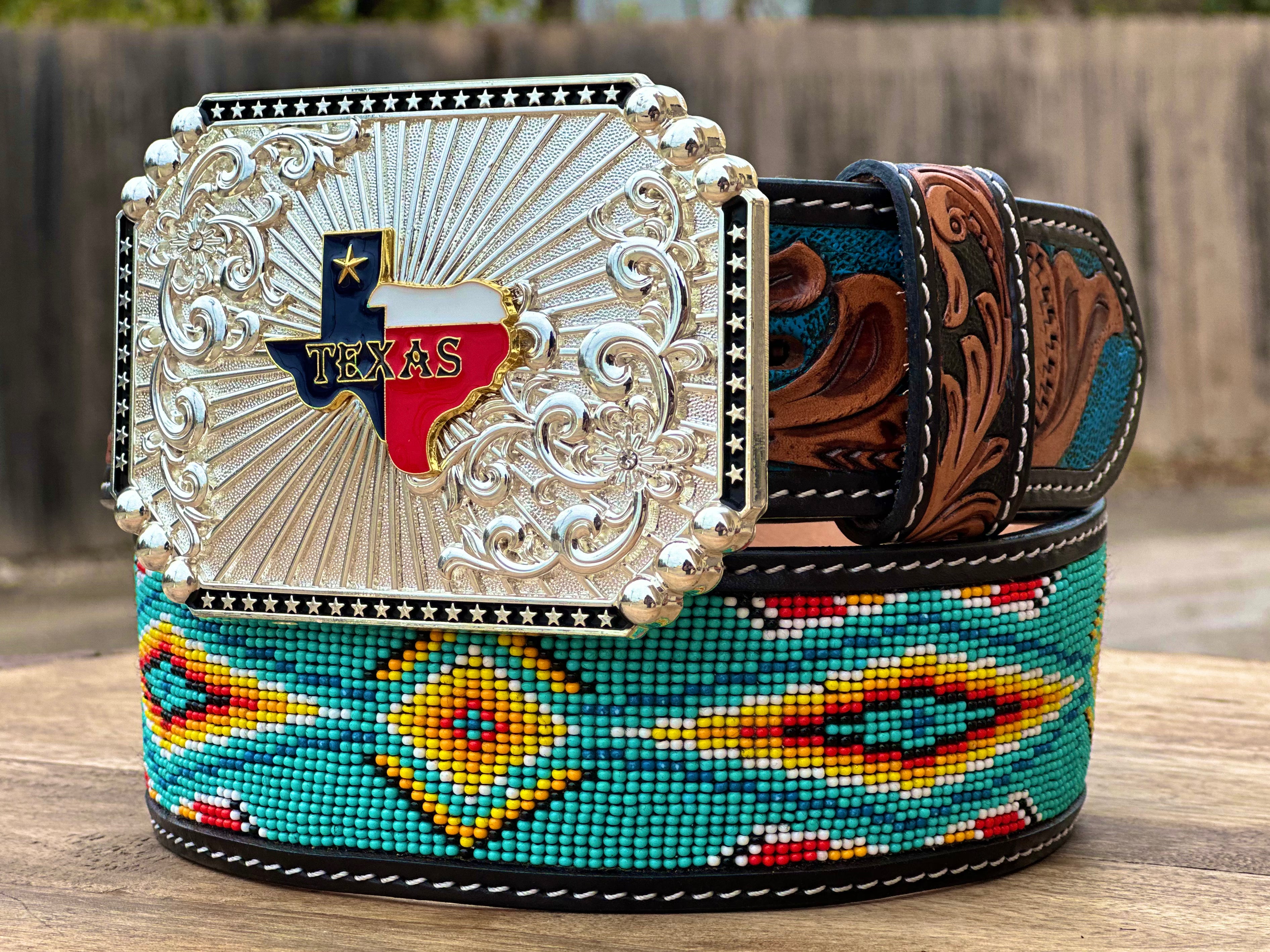 Hand-Tooled Artesanal Tabs With Mint Green and Yellow Beaded Leather Belt ( Read ￼Description Before Ordering )