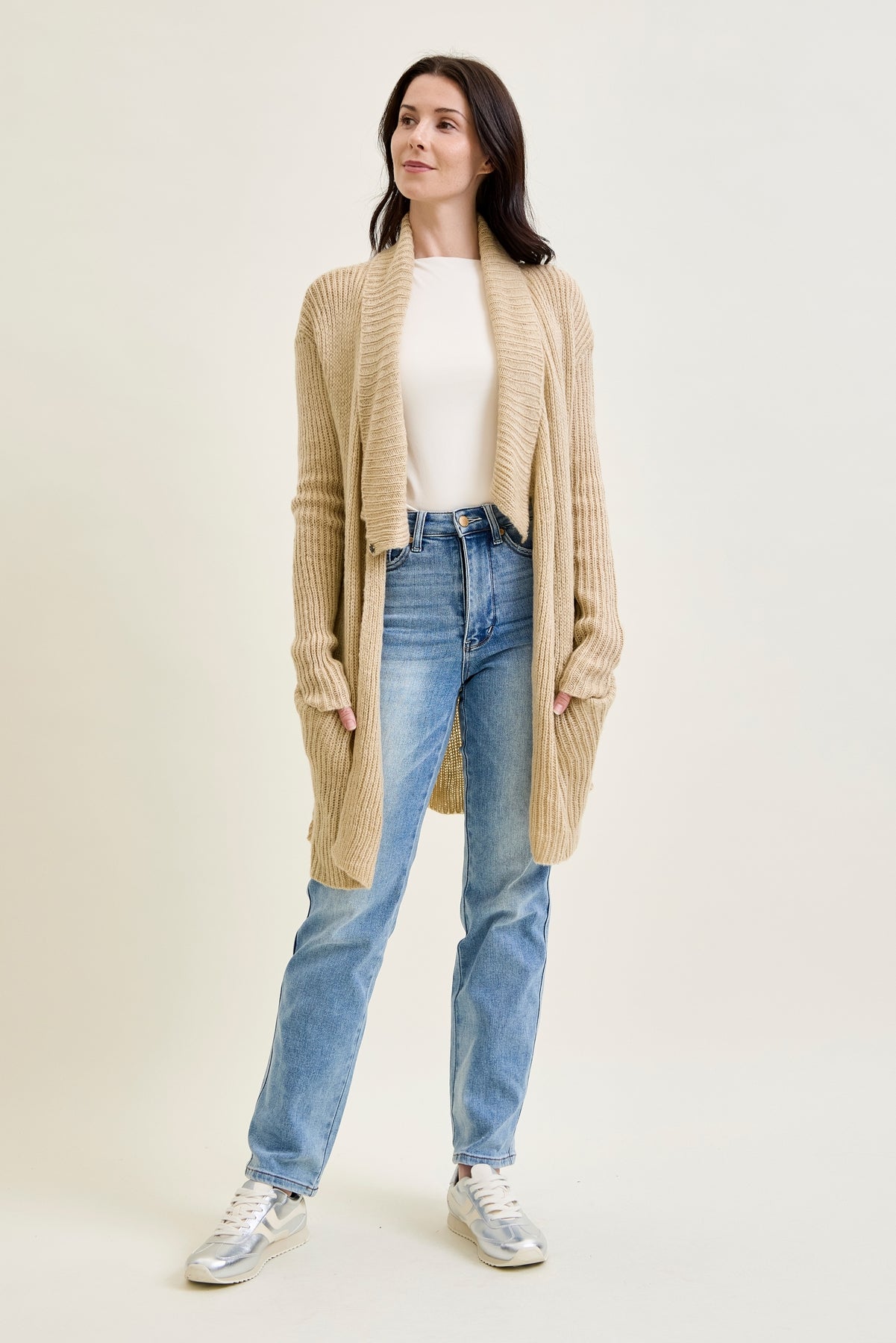 Drape Front Cardigan Beige Sweater