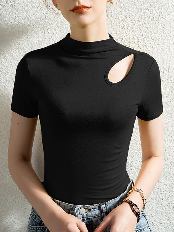 Hollow Solid Color Skinny Half Turtleneck T-Shirts Tops