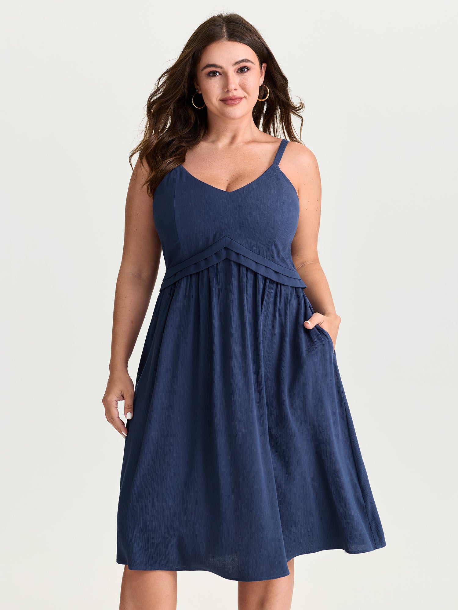 Stretchy Pleated Waist Flowy Fit Midi Dress