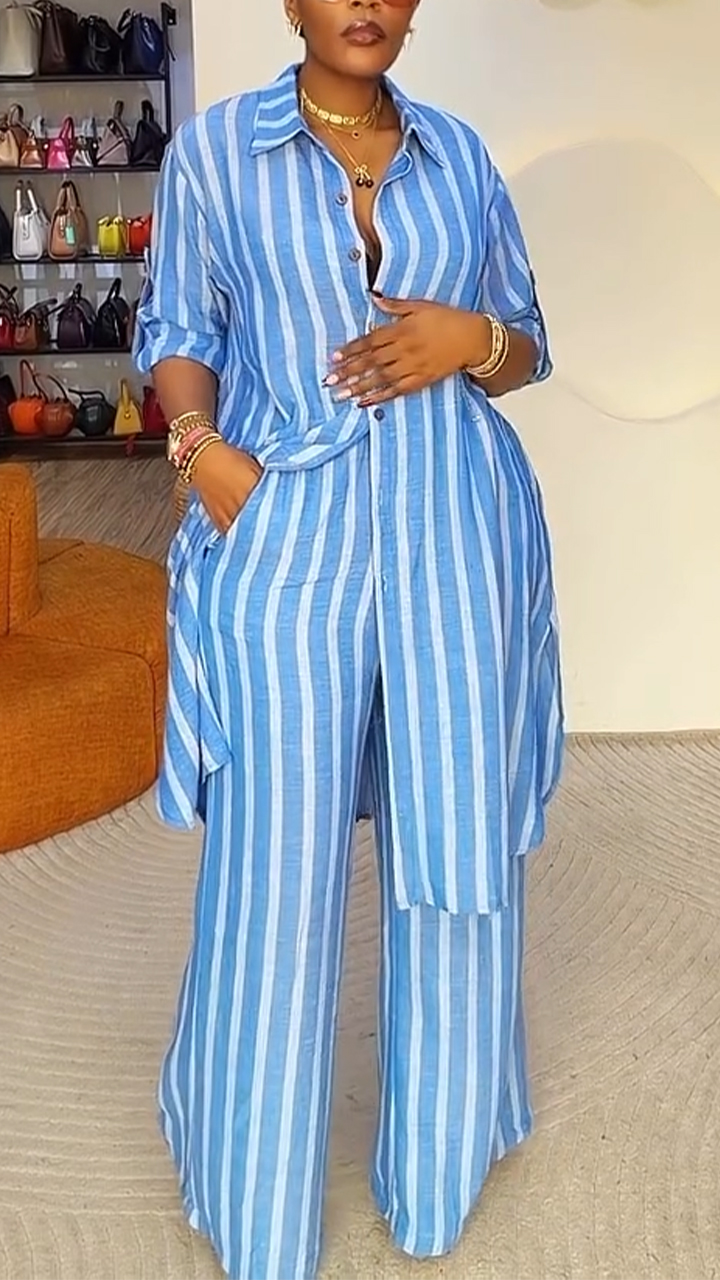 Women Collar Vertical Stripe Top+ Pants Casual Suit