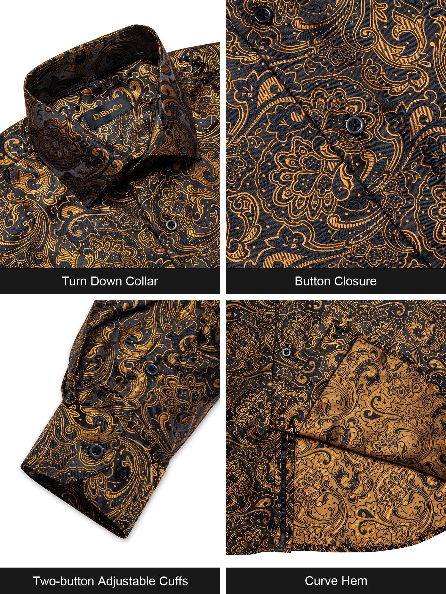 Men's Paisley Dress Shirt Long Sleeve Wrinkle Free Button Down Cowboy Shirts - Gold&black&paisley
