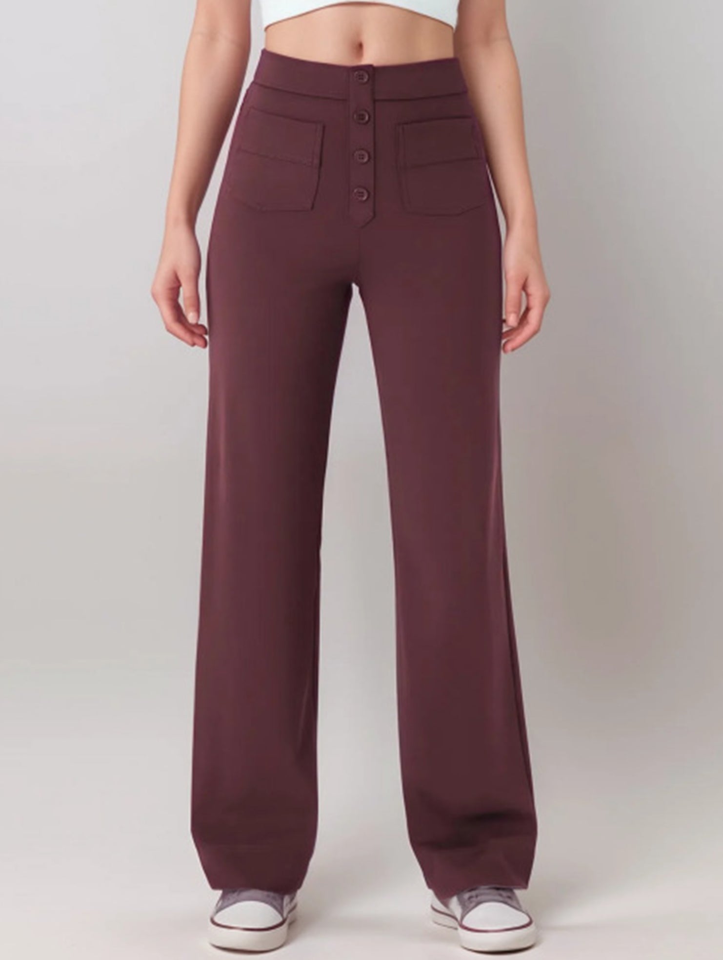 High-waisted buttoned casual straight-leg pants