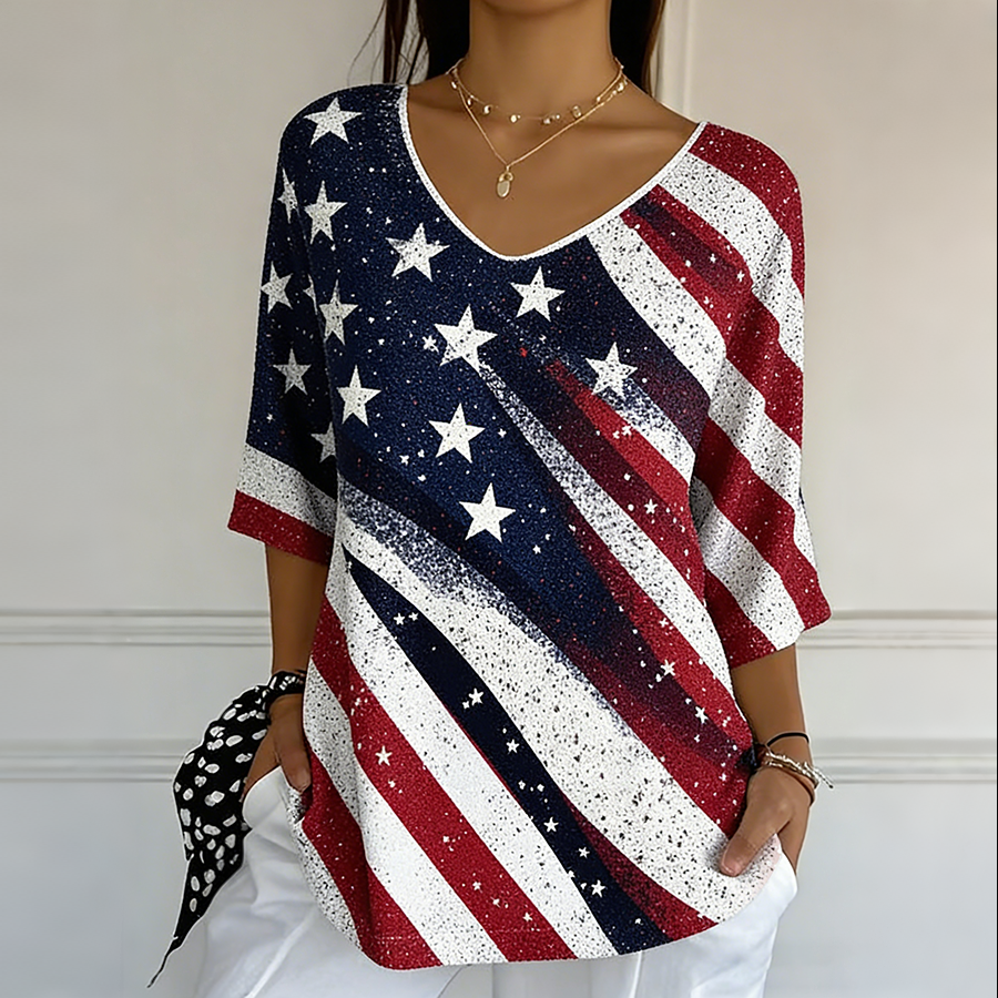Ladies' Casual American Flag Print V-Neck Half Sleeved T-Shirt