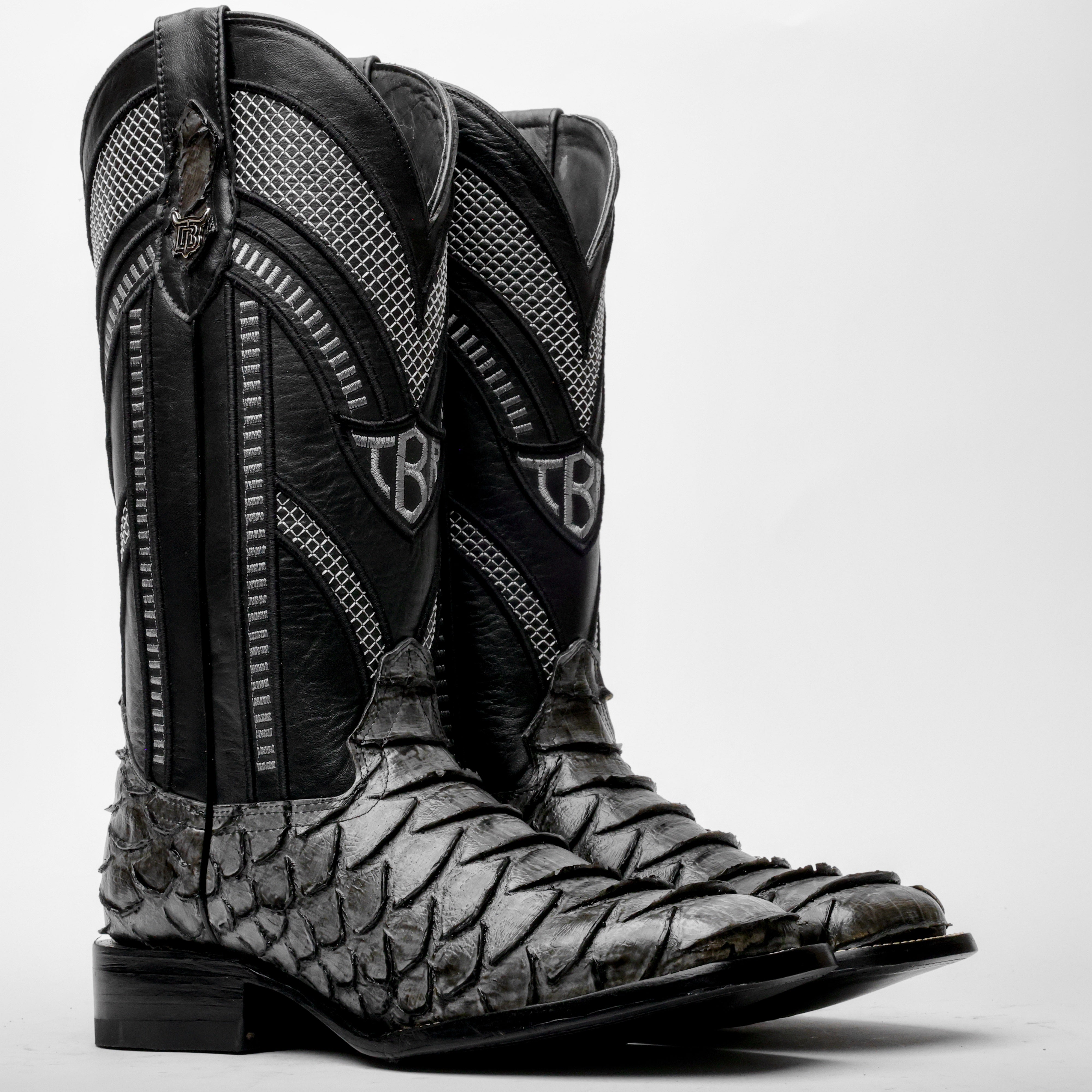Grey Jumbo Python Leather Boots - Square Toe
