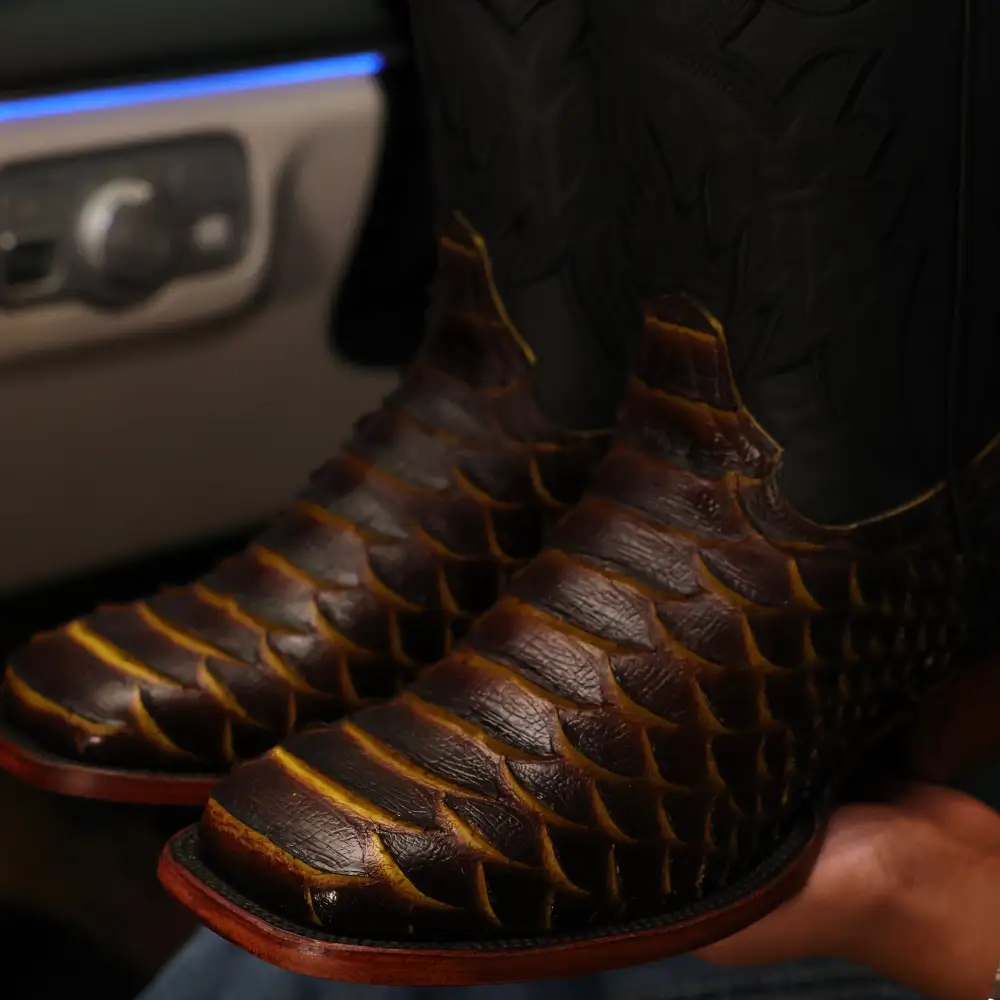 “Bumblebee” Brown Jumbo Python Leather Boots - Square Toe