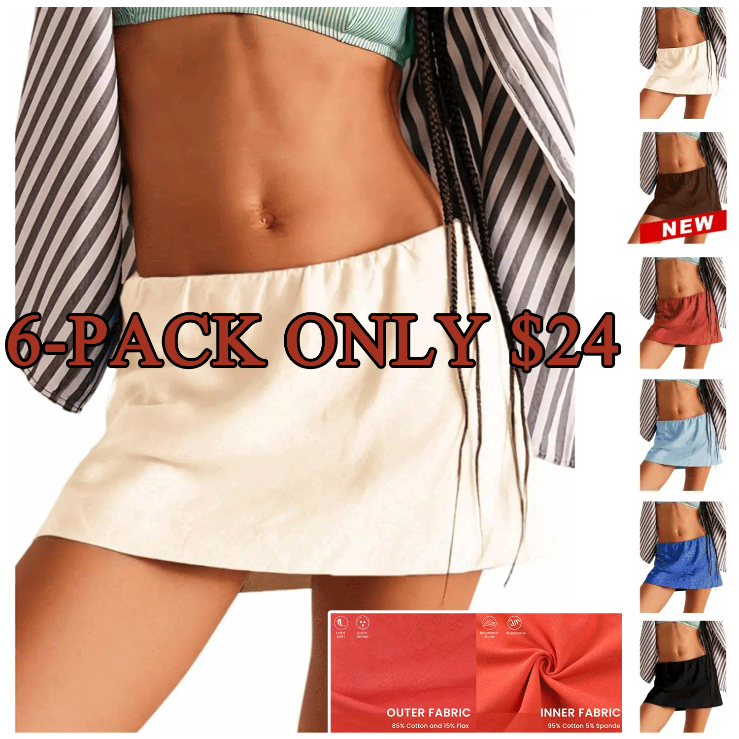 Women’s Cotton Linen A-Line Skorts with Ruffle Waistband