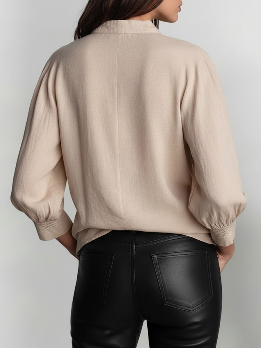 Women's Solid Color Lapel Long-sleeved Casual Loose Cotton And Linen Top