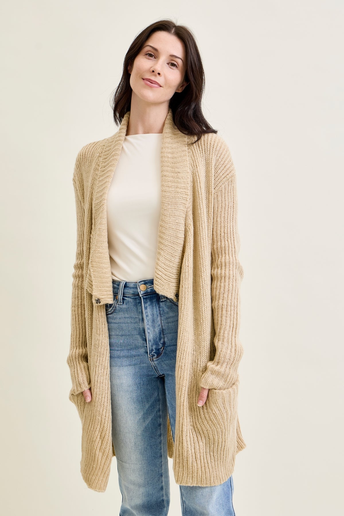 Drape Front Cardigan Beige Sweater