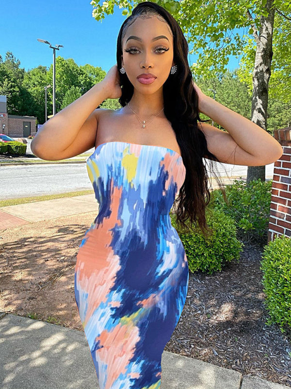 Tie-Dye Off-Shoulder Tube Top Bodycon Maxi Dress