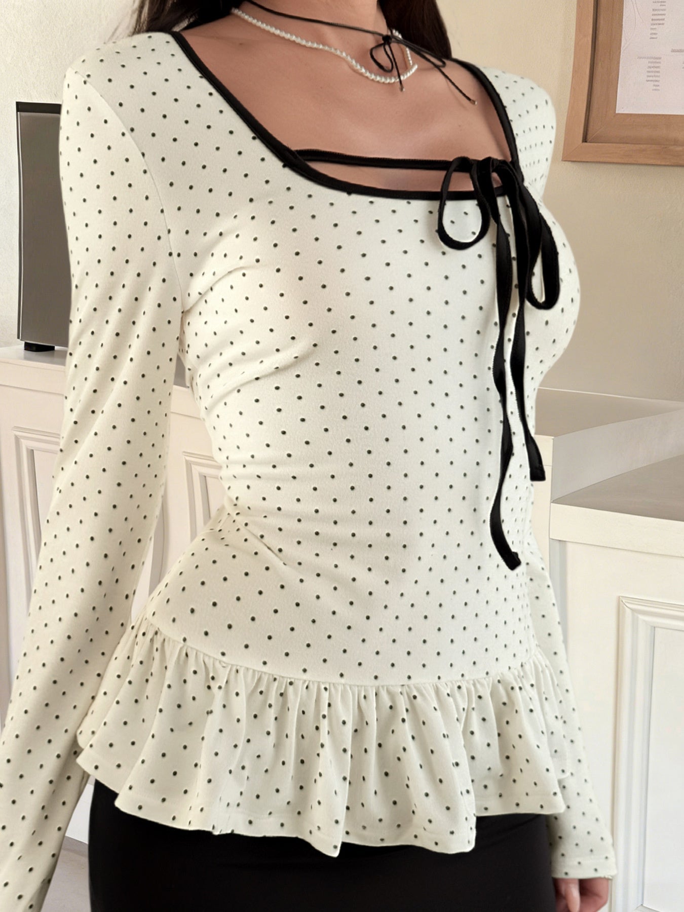Polka Dot Ruffle Trim Long Sleeve T-Shirt