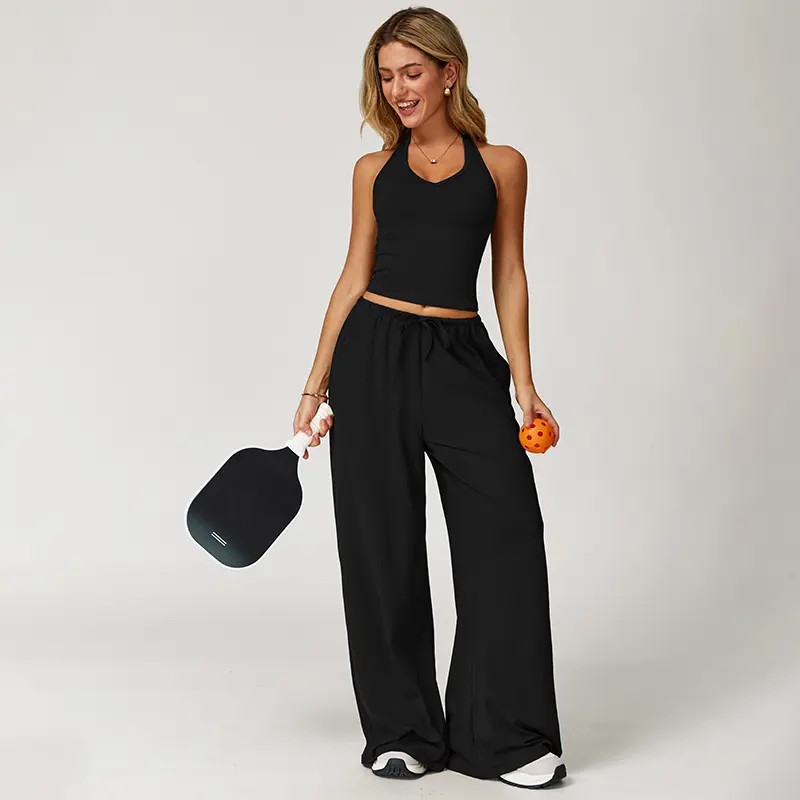 Mother's Day Gifts, Matching Sets Women 2 Piece Sets Summer Casual V Neck Top Wide Leg Pants Womens Holiday Travel Wear Fabric Breathable Summer Casual Clothing Sportswear Gym Sets Casual Loose Long Pant