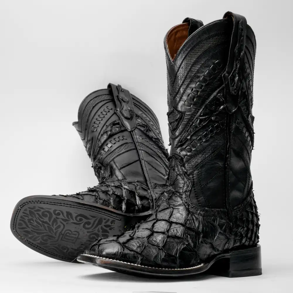GENUINE Black Pirarucu Boots - Square Toe