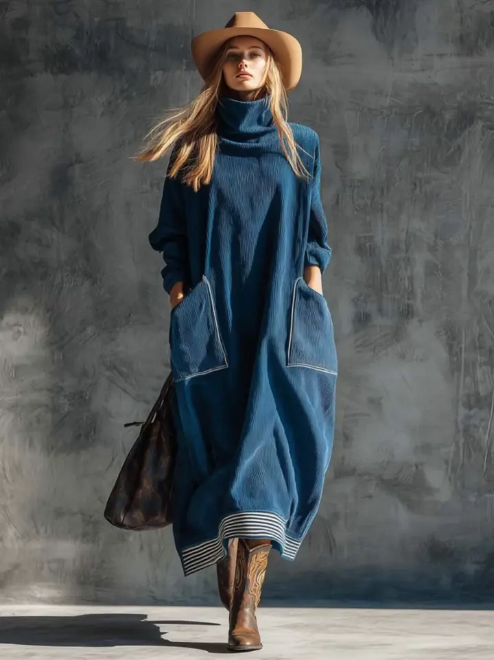 Women's Solid Color High Neck Long Sleeve Casual Loose Pocket Dress