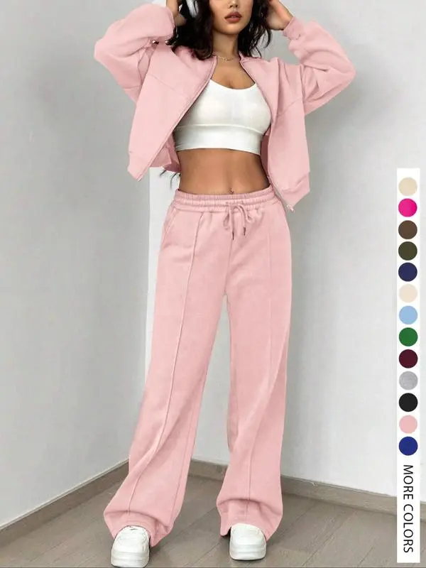 Two-piece Set Women's Solid Zip Up Drop Shoulder Jacket & Pocket Elastic Waist Pants