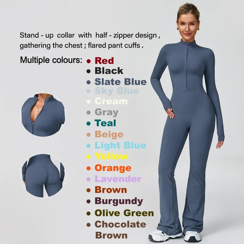 Women's Long Sleeve Flared Sports Jumpsuit - Zipper Jumpsuit