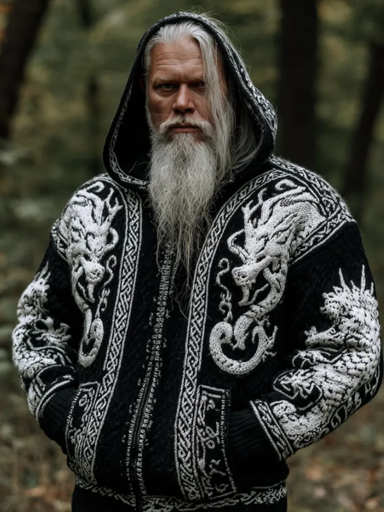 Men's Viking Style Double Dragon Mythology Hooded Cardigan Sweater