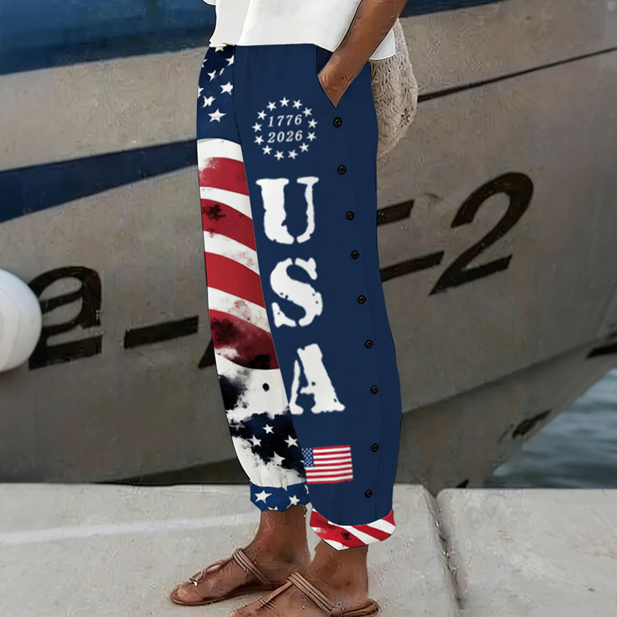 Women'S Casual American Independence Day 250Th Anniversary Printed Casual Button Design Pants
