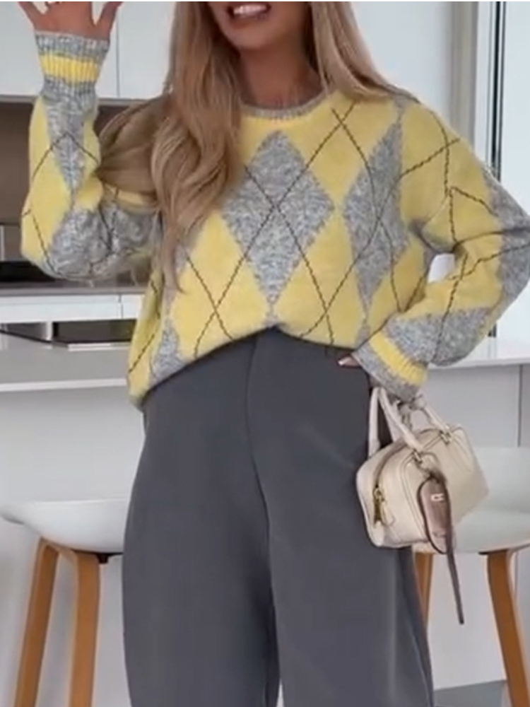 Women Round Neck Plaid Sweater + Pants Casual Suit