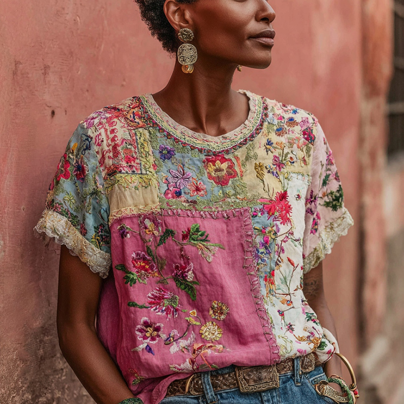 Women's Vintage Bohemian Floral Embroidery Patchwork Art Short Sleeve Linen Blend T-shirt
