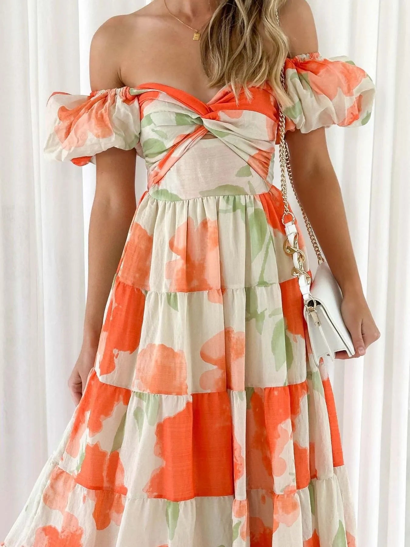 Off-Shoulder Floral Tiered Dress with Ruffle Details