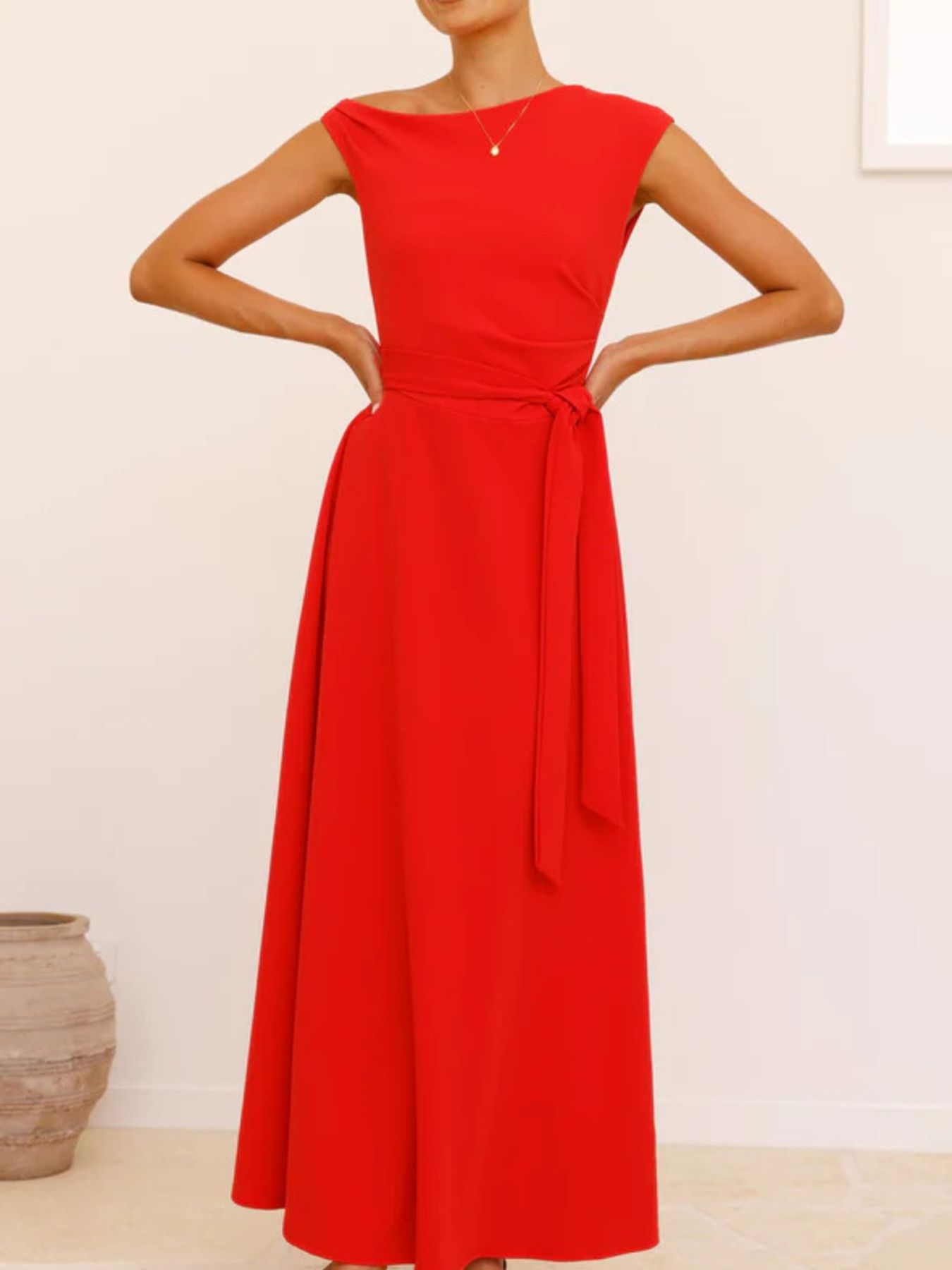 Single Shoulder Tie Waist Maxi Dress