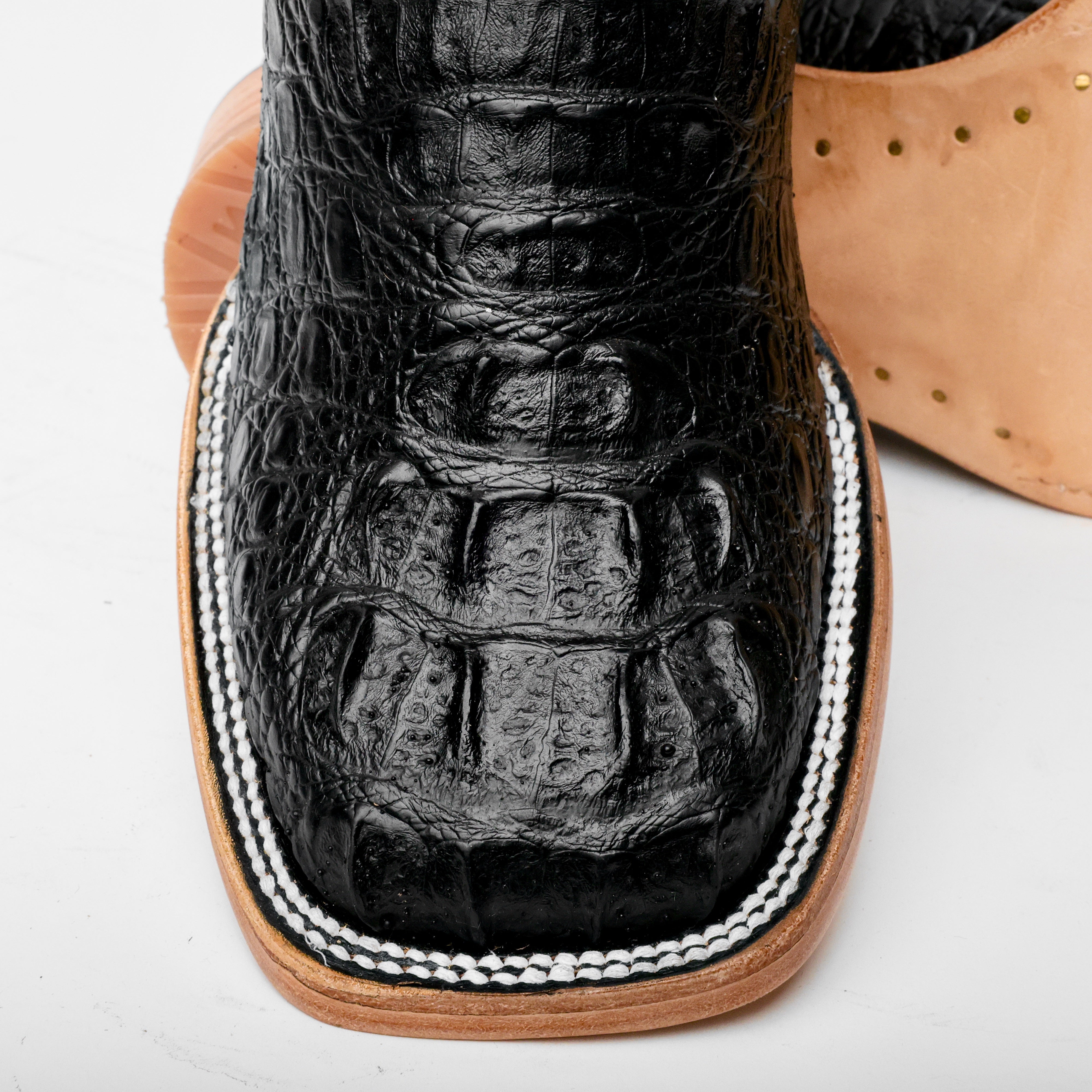 Black Caiman Neck Leather Boots - Square Toe