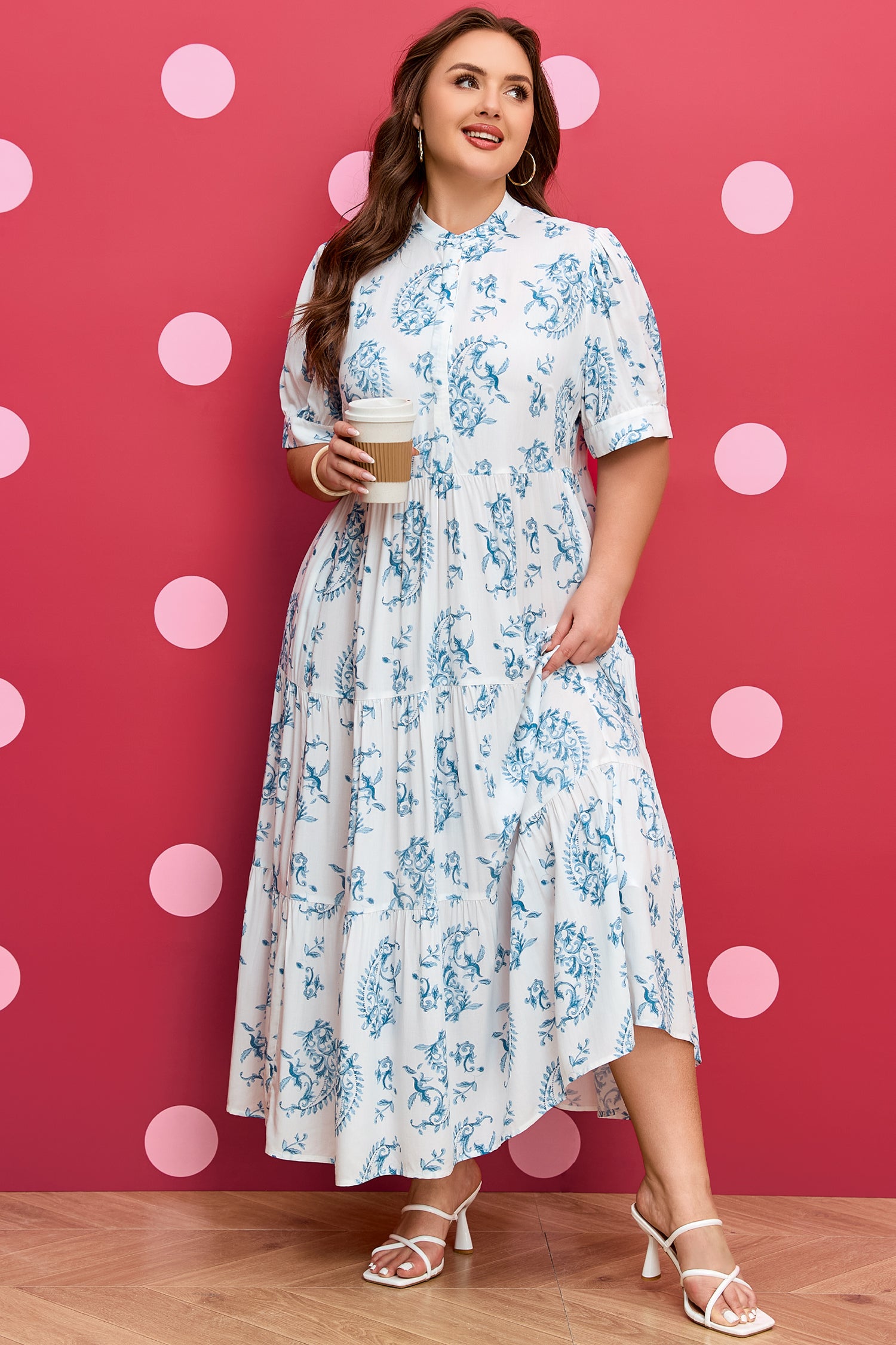 Sky Blue Plus Size Geometric Floral Print Button Split Neck Short Sleeve Maxi Dress