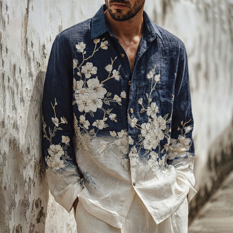Men's Japanese-style White Almond Blossom Gradient Art Casual Linen Shirt