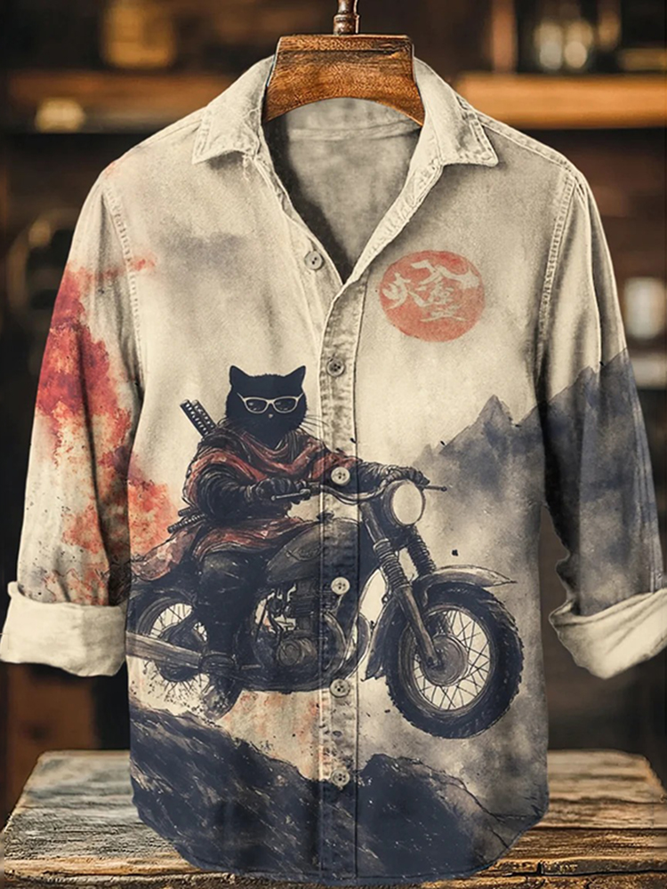 Men's Retro Black Cat On Motorcycle Art Print Long Sleeve Shirt