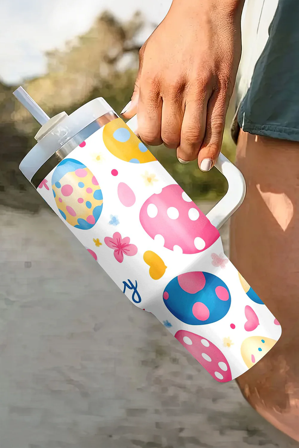 White Happy Easter Bunny Eggs Printed Thermal Tumbler