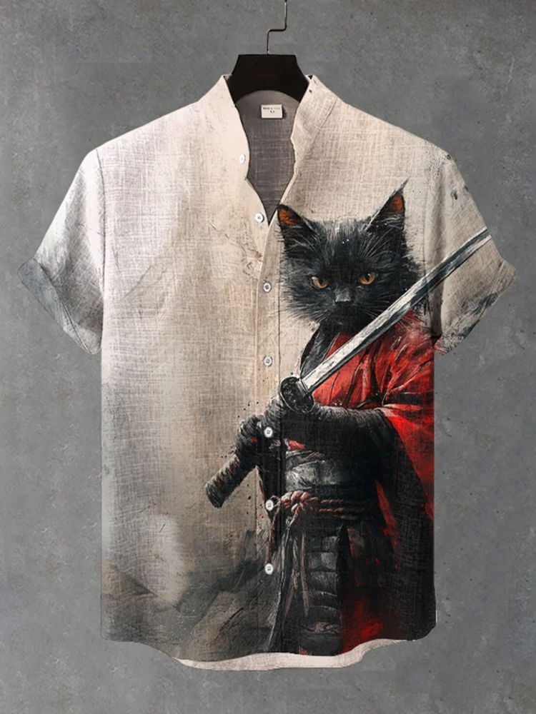 Men's Black Cat Samurai Ink Art Linen Blend Cozy Shirt