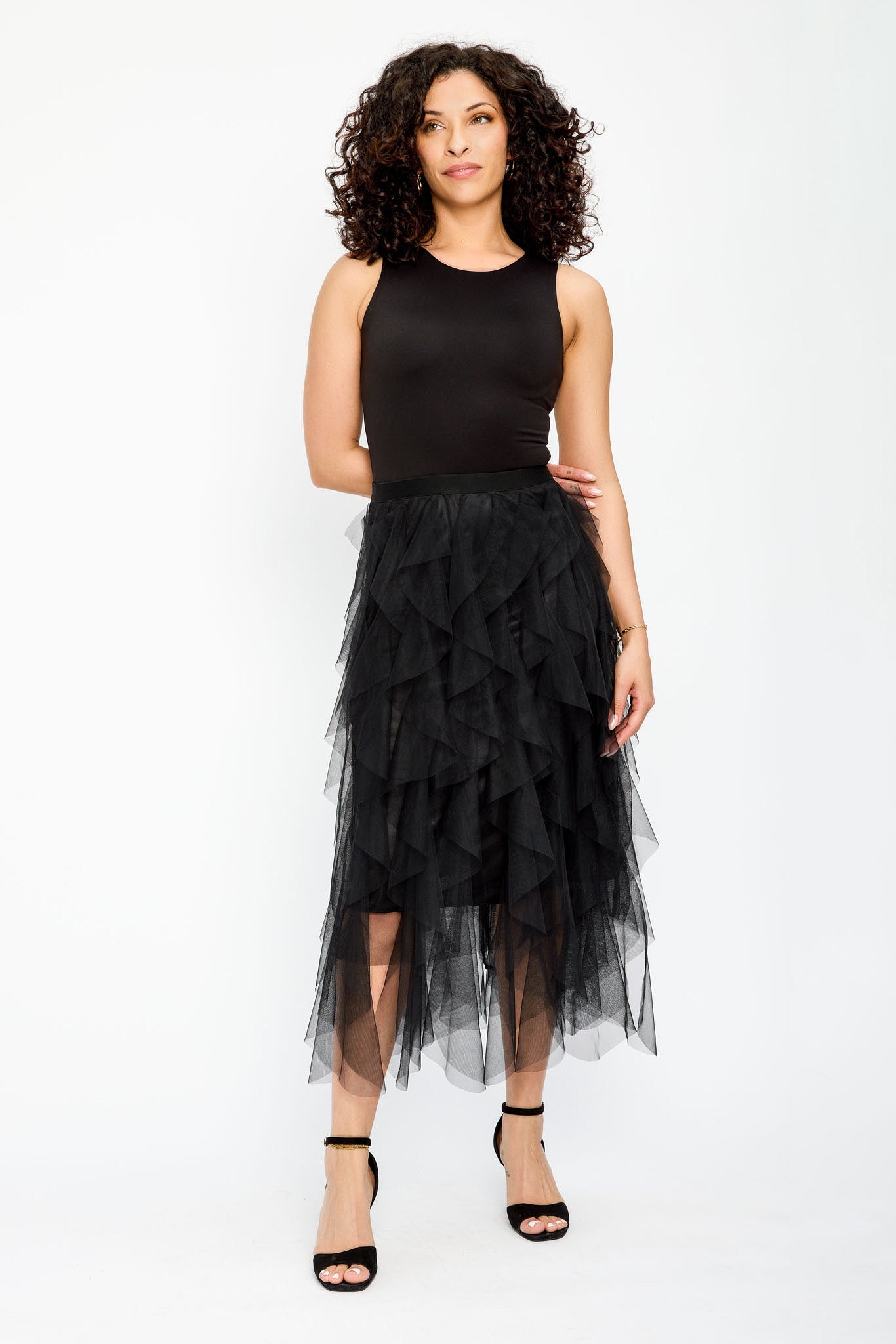 Ruffled Mesh Midi Skirt