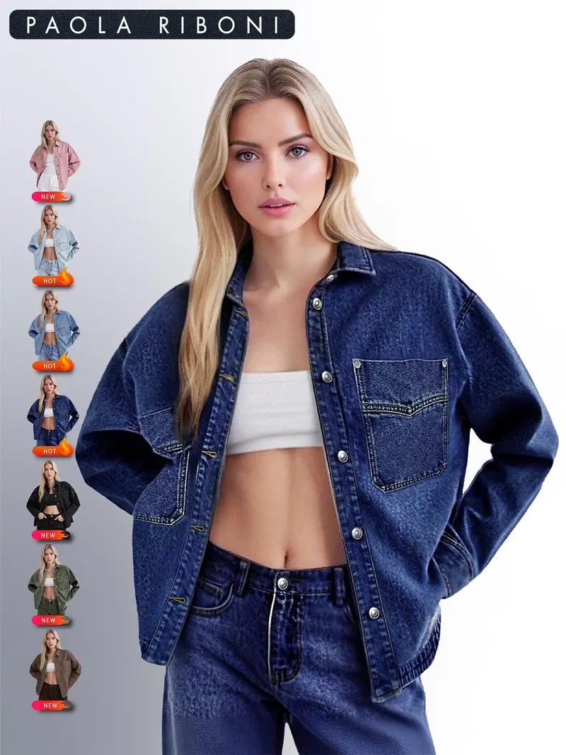 Women's Plain Drop Shoulder Denim Jacket, Casual Outerwear With Pockets For All Seasons