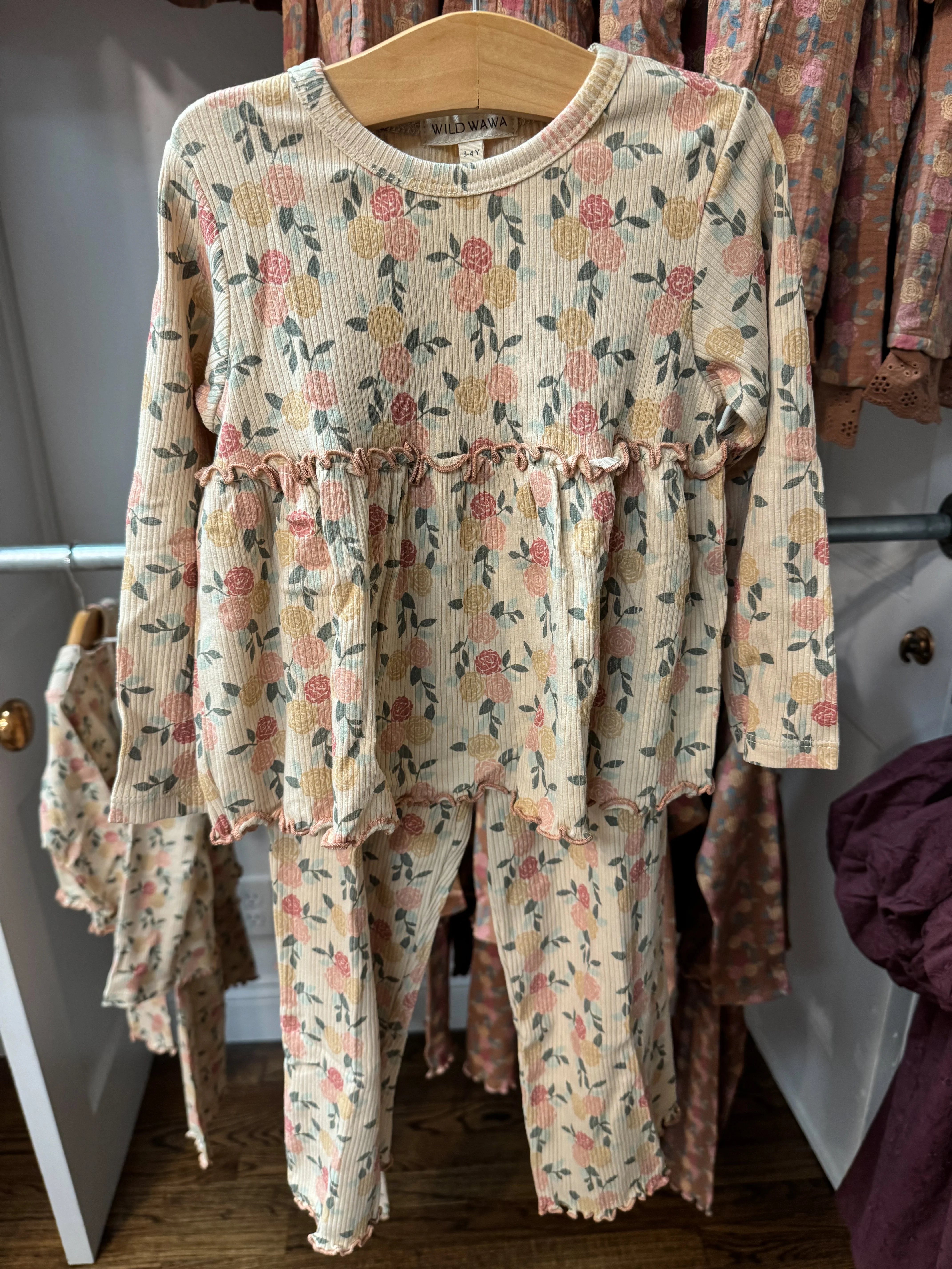 Rib Pant Set: Dusty Pink Roses